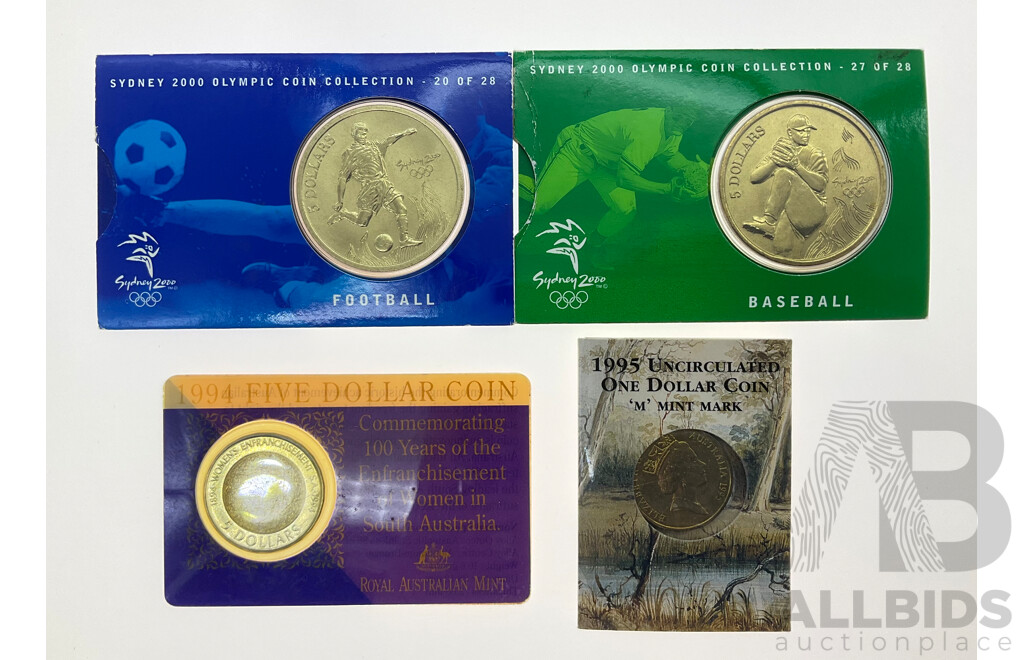 Australian Commemorative Coins Including Two 2000 Five Dollar Olympic Coins, 1994 One Hundred Years of Enfranchisement of Women in South Australia and 1995 One Dollar Waltzing Matilda