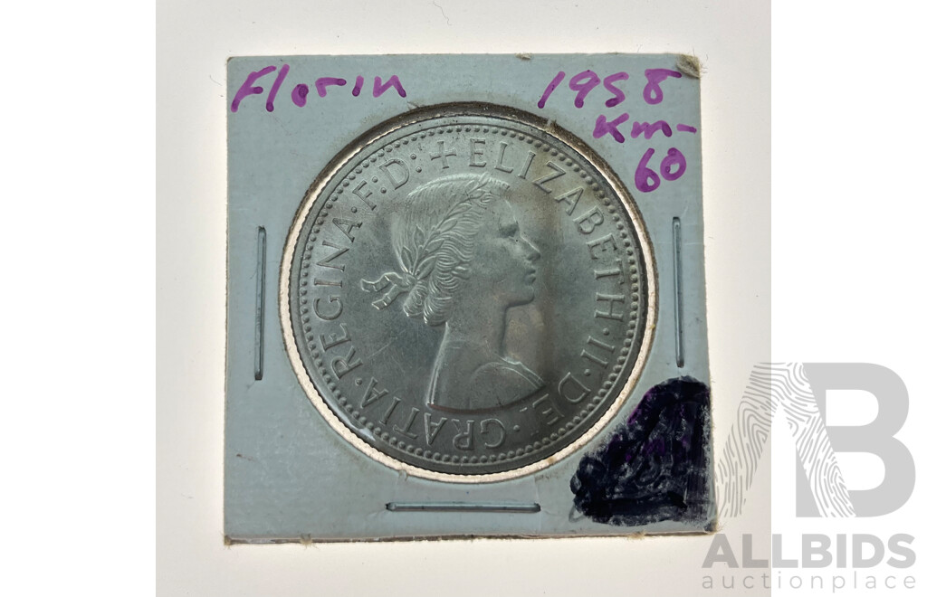 Australian 1958 Silver Florin, Near UNC .500