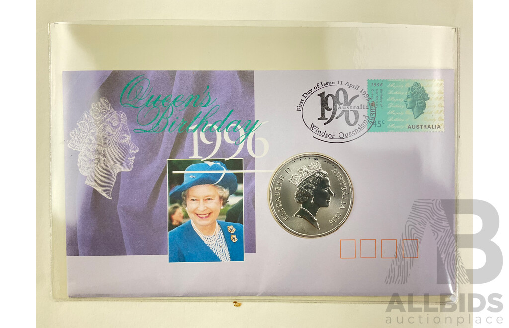 Australian 1996 QE2 Birthday PNC, Silver One Dollar, C Privy Mark .999