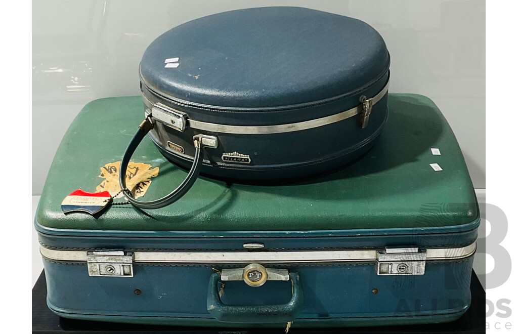 Vintage Sunco PT Light Blue Hard Luggage Case Alongside American Tourister Tiara Round Vanity Case