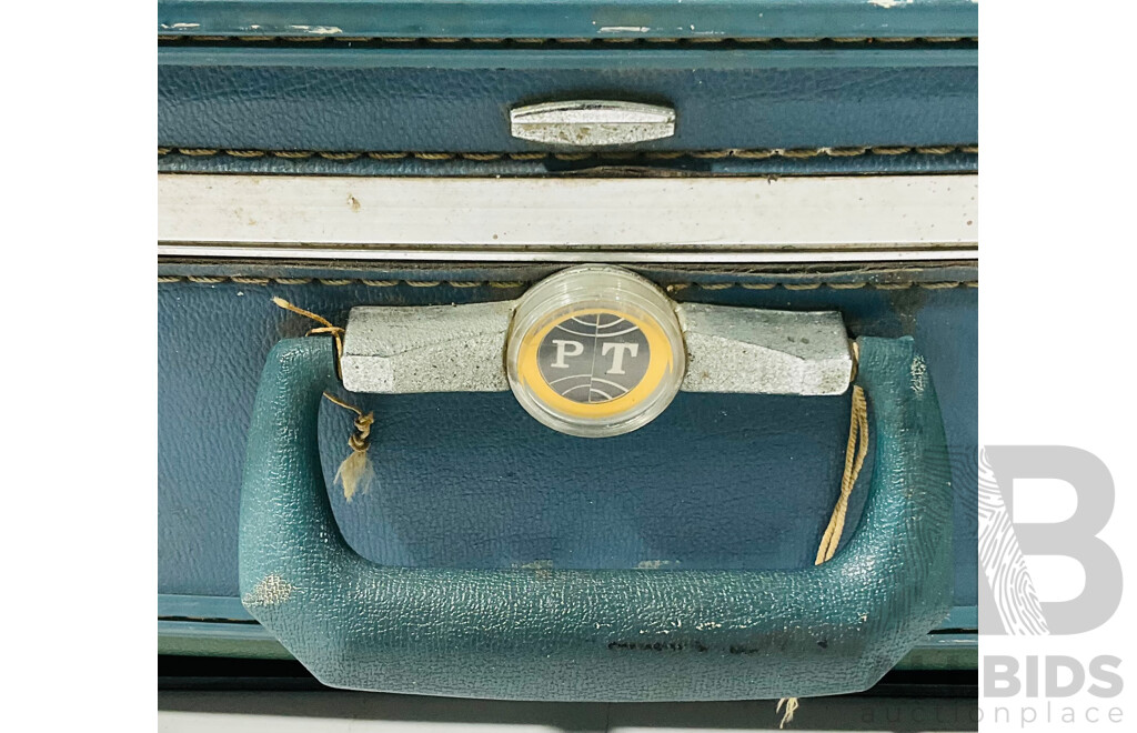 Vintage Sunco PT Light Blue Hard Luggage Case Alongside American Tourister Tiara Round Vanity Case