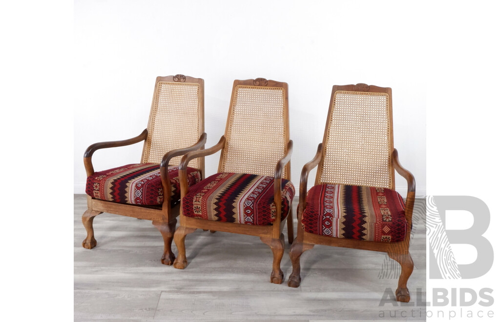 Three Vintage Rattan Back Planter Chairs with Claw and Ball Feet