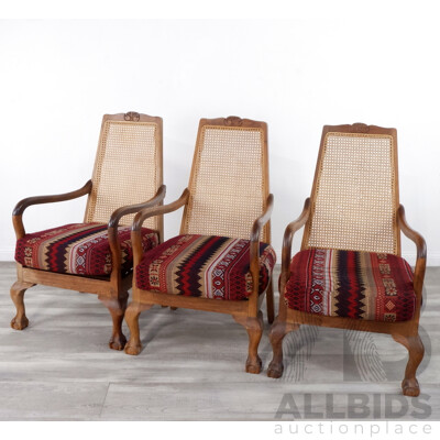 Three Vintage Rattan Back Planter Chairs with Claw and Ball Feet