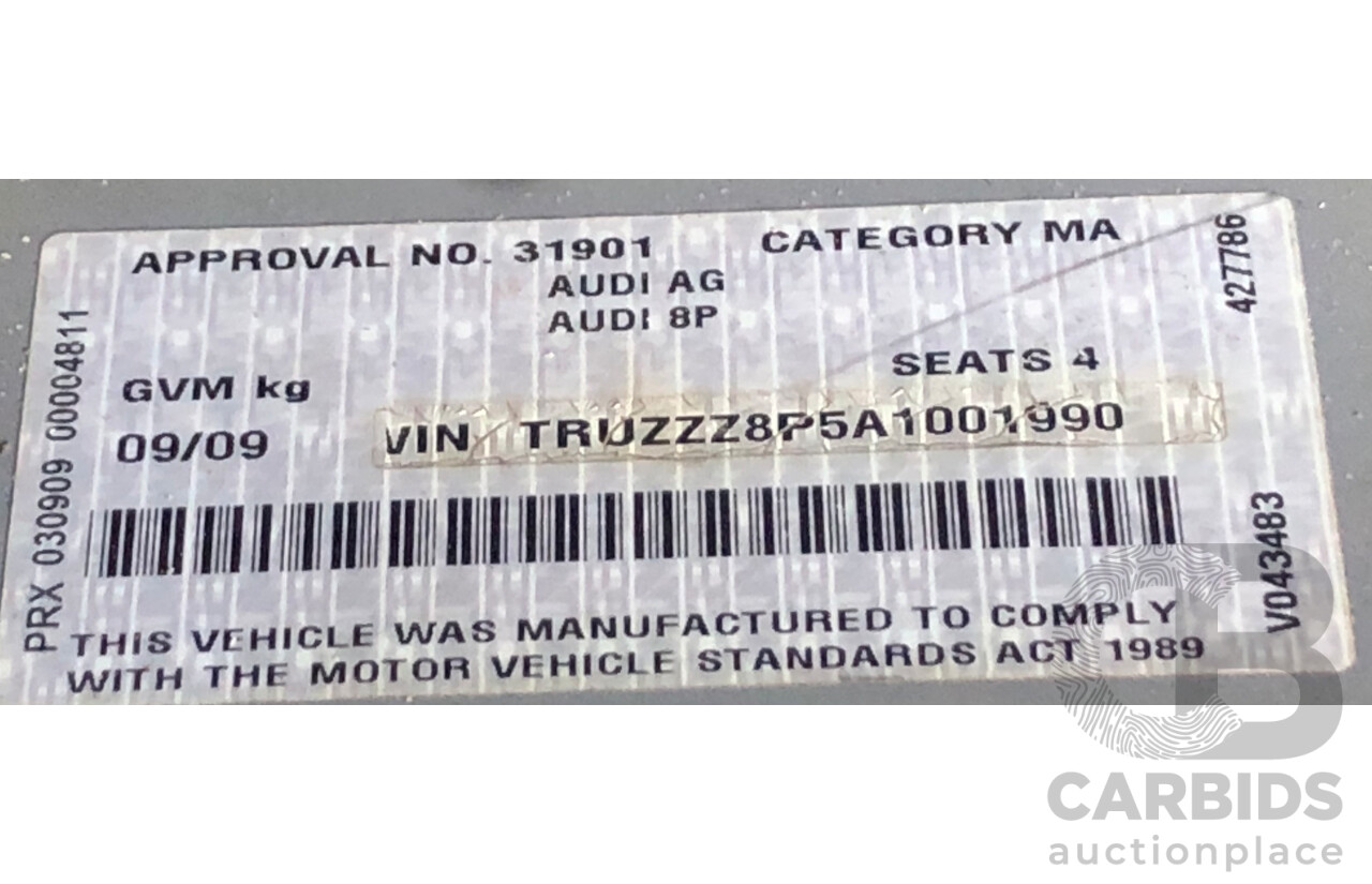 09/2009 Audi A3 2.0 TFSI Ambition 8P 2d Cabriolet Metallic Silver Turbo 2.0L