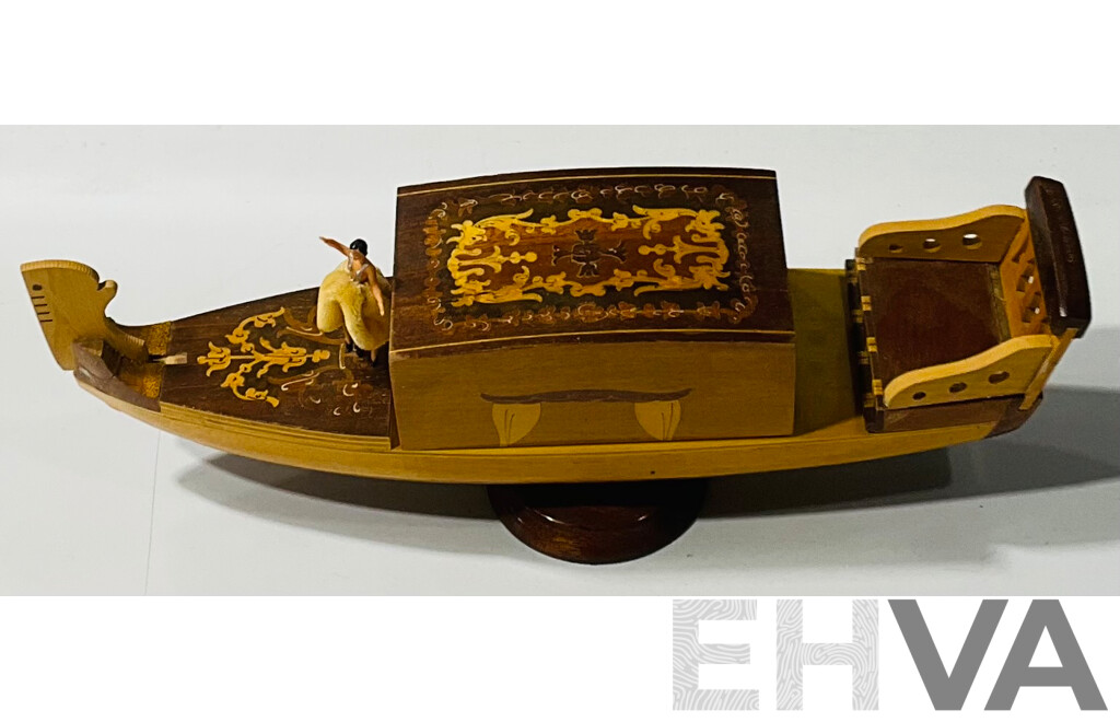 Vintage Wooden Gondola Cigarette Dispenser and Music Box with Turning Dancer