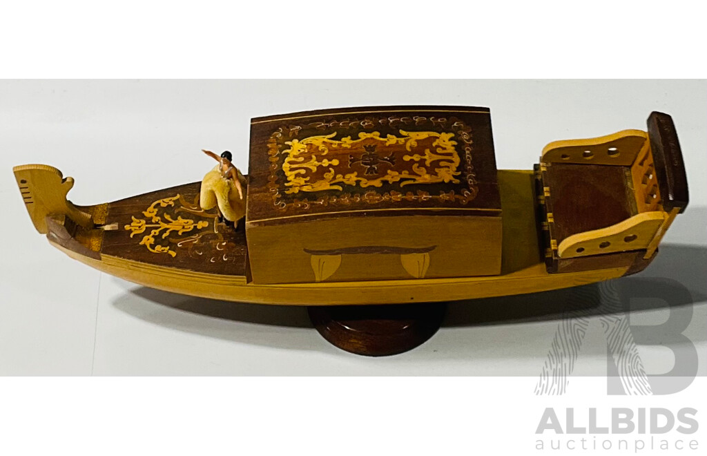 Vintage Wooden Gondola Cigarette Dispenser and Music Box with Turning Dancer