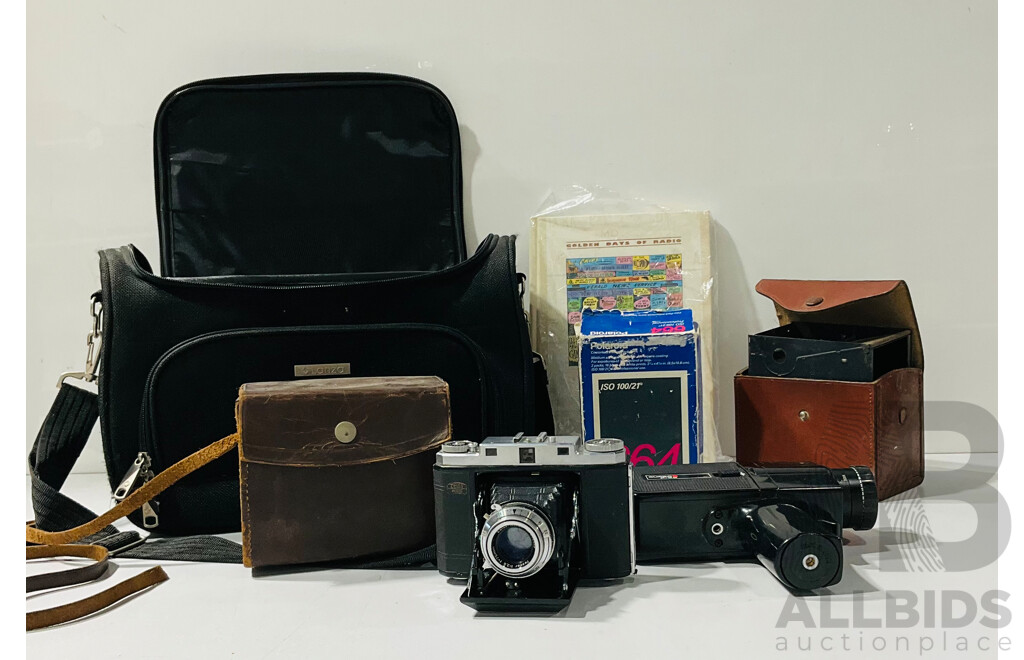 Collection of Vintage Cameras and Camera Equipment Including Zeiss Iron Ikonta, Super8 P-20 and More