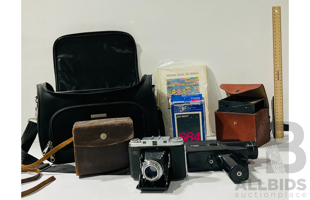 Collection of Vintage Cameras and Camera Equipment Including Zeiss Iron Ikonta, Super8 P-20 and More