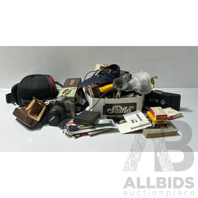 Large Collection of Vintage Camera and Camera Gear Including Canon Film Camera, Blower Brush, Kodacolour HR Film and Much More