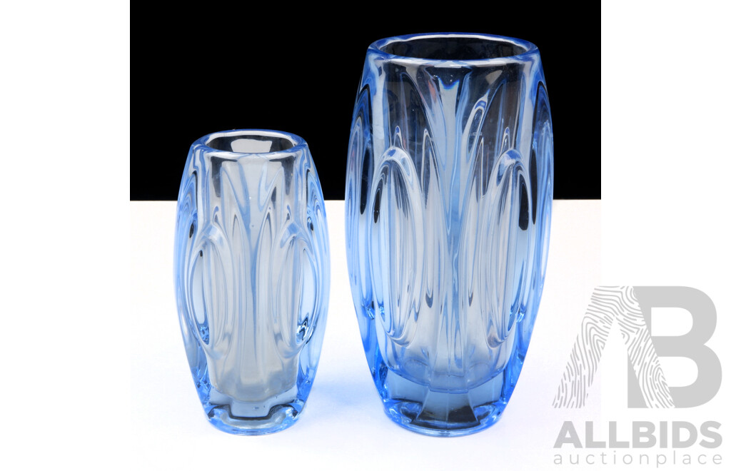 Pair Mid Century Blue Vases by Sklo