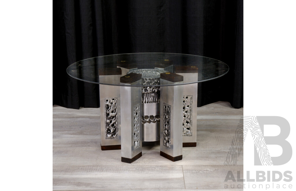 Brutalist Metal Based Coffee Table with Round Glass Top