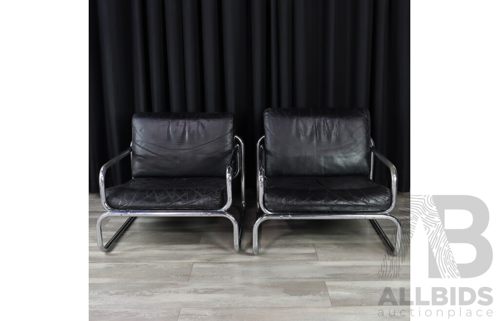 Pair of T2 Leather Chrome Frame Armchairs by Rodney Kinsman