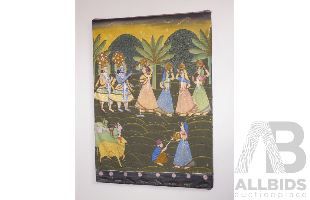 Large Vintage Indian Painting, Tempera on Linen, 160 x 108cm