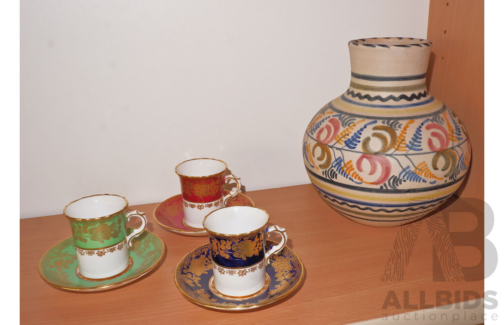 Three Hammersley Porcelain Demitasse Cups and a Spanish Hand Potted Vase, (4)