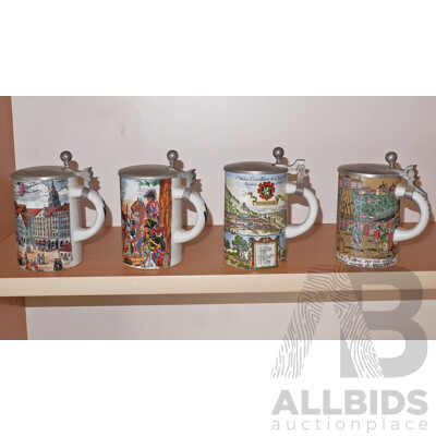 Four German Porcelain and Pewter Beer Steins, (4)
