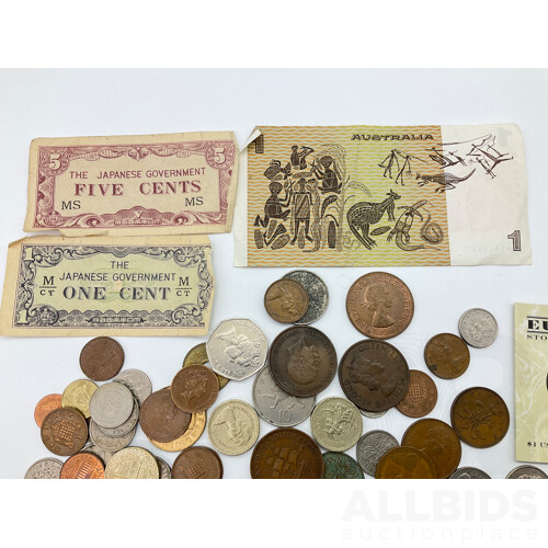 Australian 1982 One Dollar Note Johnston/Stone, Japanese Occupation Notes, 2004 One Dollar Eureka C Mint Mark Coin, International Coins Including USA, Hong Kong, United Kingdom - 1919 Silver Threepence