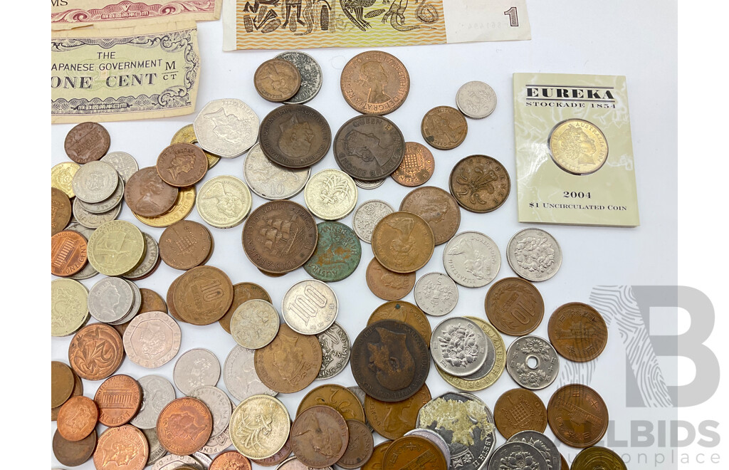 Australian 1982 One Dollar Note Johnston/Stone, Japanese Occupation Notes, 2004 One Dollar Eureka C Mint Mark Coin, International Coins Including USA, Hong Kong, United Kingdom - 1919 Silver Threepence