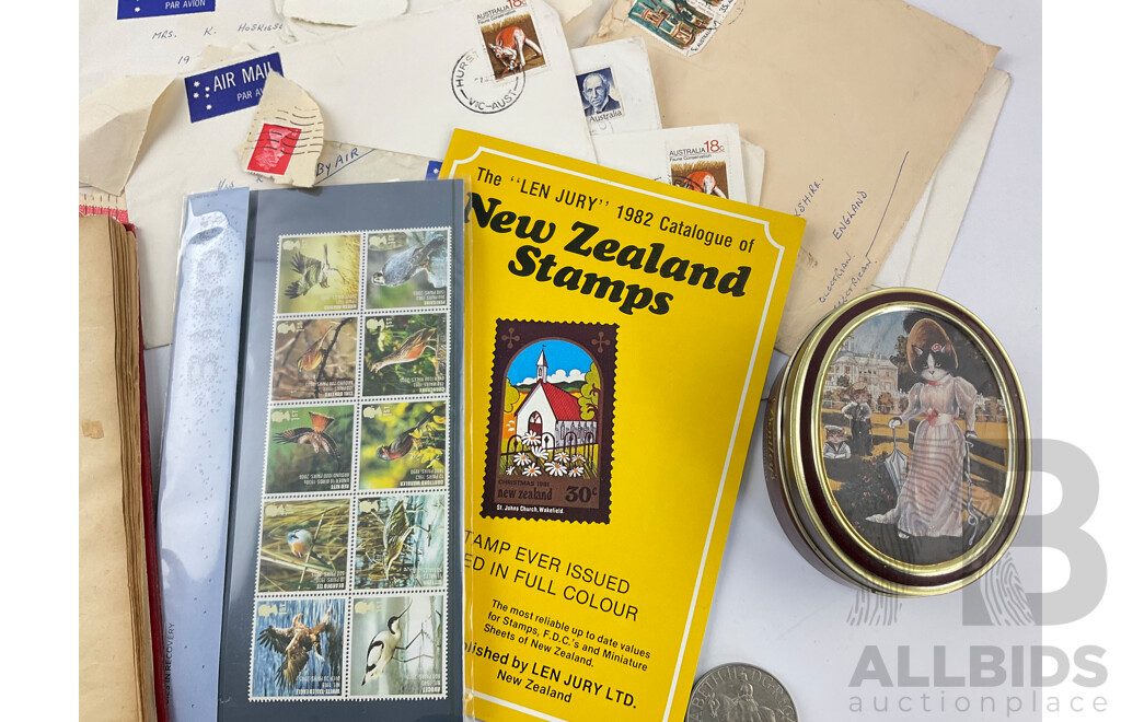 Collection of Commemorative United Kingdom Crowns, Stamp Pack, New Zealand Coin with Vintage Excelsior Stamp Album and More