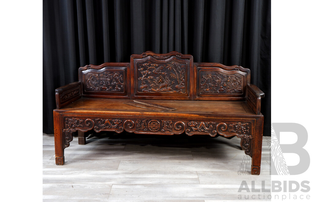 Antique Chinese Finely Carved Hongmu Rosewood Bench, Late Qing Dynasty with Peach Carvings to Arms and Back Panels, Auspicious Bat Motif to Front and Mythical Creatures to Back Center Panel