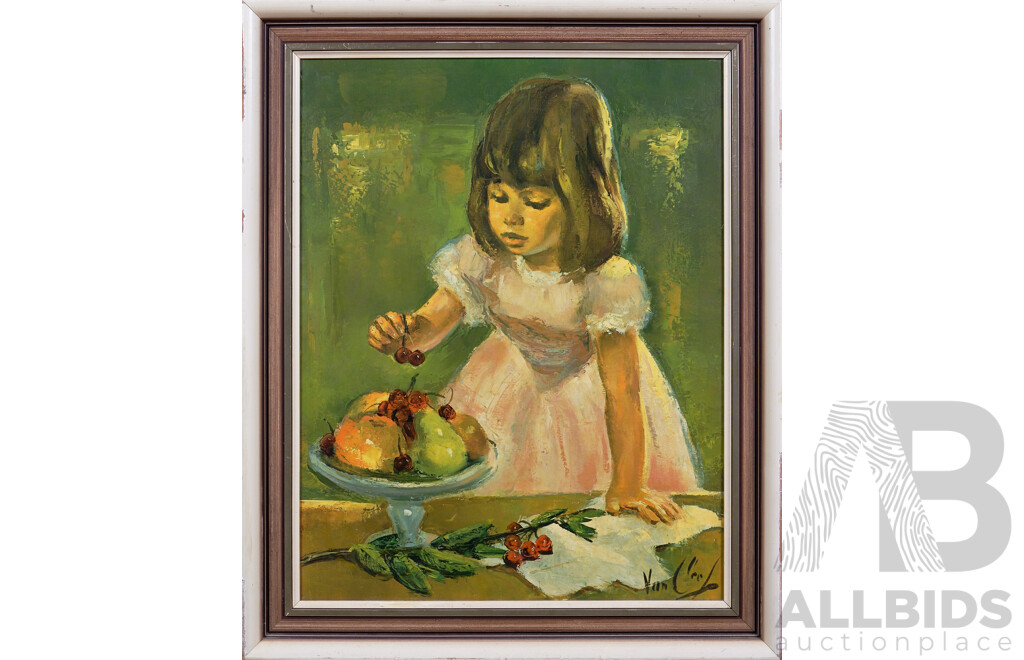 Framed Vintage Robert Van Cleef Print, Young Girl with Cherries