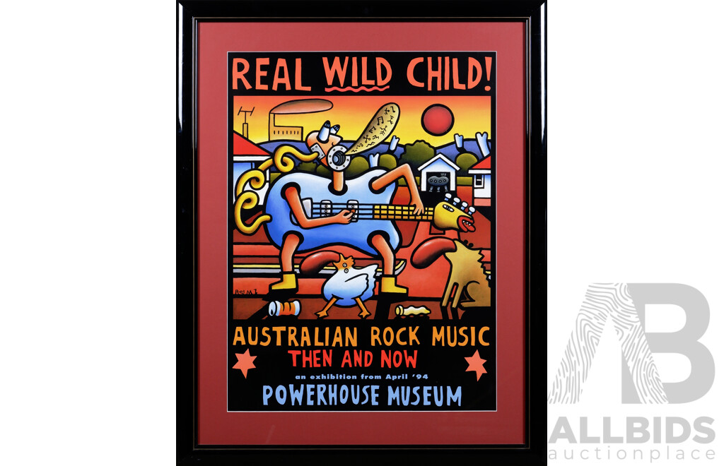 Framed Powerhouse Museum Exhibition Poster with Artwork by Reg Mombassa, 'Real Wild Child - Australian Rock Music, Then & Now' April 1994