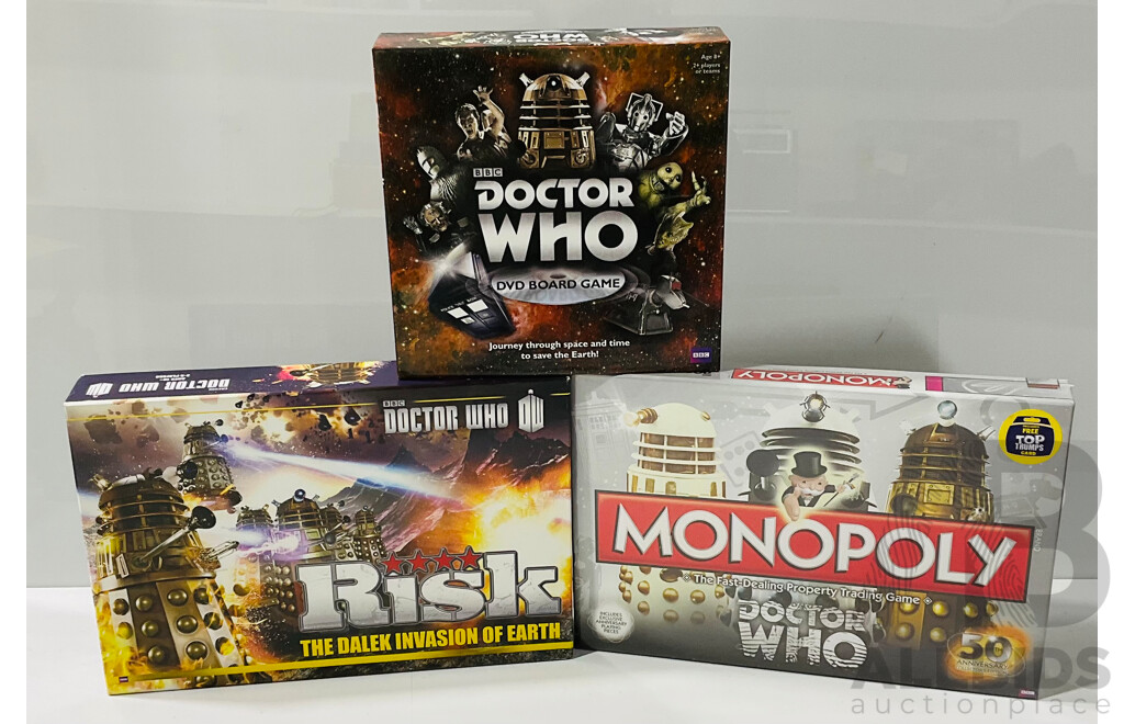 Trio of Doctor Who Themed Board Games Including Risk - the Dalek Invasion of Earth, Monopoly 50th Anniversary Collector’s Edition and Doctor Who DVD Board Game