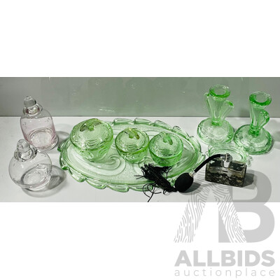 Vintage Green Glass Seven Piece Dressing Table Set Alongside Pair of Etched Crystal Perfume Bottles and an Atomiser with Metal Rose Detail