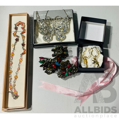 Collection of Butterfly and Other Themed Beaded and Crystal Jewellery Including Disney Couture Tinkerbell Drop Earrings, Colourful Crystal Encrusted Hair Clips and More