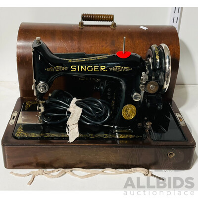 Vintage Electric Knee Lever Singer Sewing Machine with Curved Bentwood Hard Case and Key