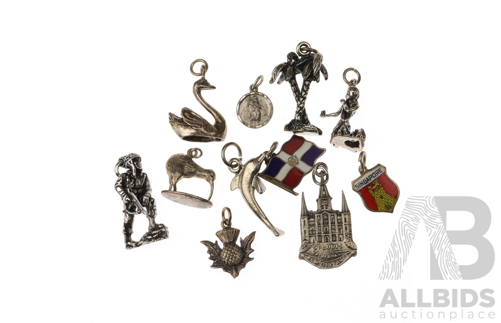 Collection of (11) Vintage Sterling Silver Charms Including 20mm Swan and 25mm Soldier, 29.93 Grams