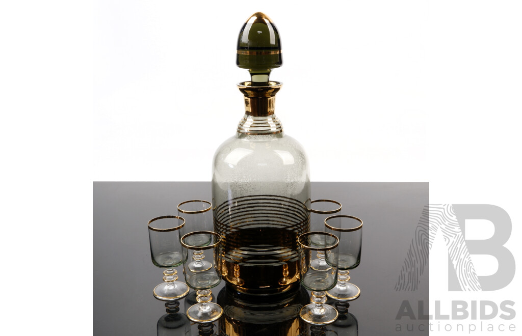 Vintage Art Deco Decanter with Stopper and Six Matching Glasses