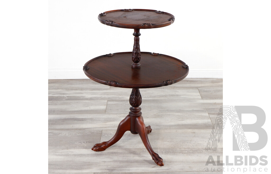 Antique Style Two Tier Table with Claw Feet and Carvings