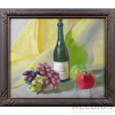 Lisette Kohlhagen (1890-1969), Still-Life with Wine, Grapes and Apple, Oil on Canvas on Board