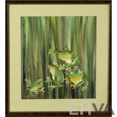 Joan Harrison, (Date Unknown), Tree Frogs, Watercolour, 49 x 45 cm (frame)