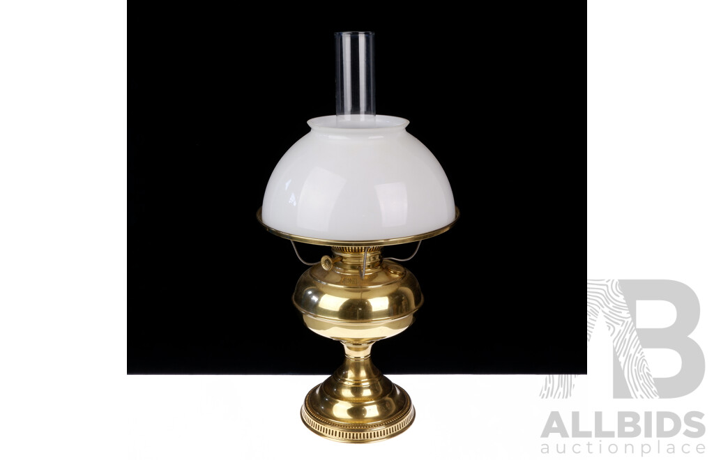 Antique Brass Rayo Kerosene Lamp with White Glass Shade and Clear Glass Chimney, Circa 1905