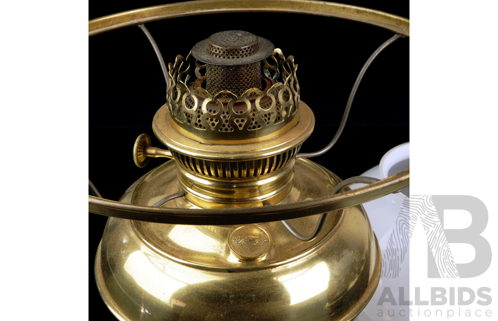 Antique Brass Rayo Kerosene Lamp with White Glass Shade and Clear Glass Chimney, Circa 1905