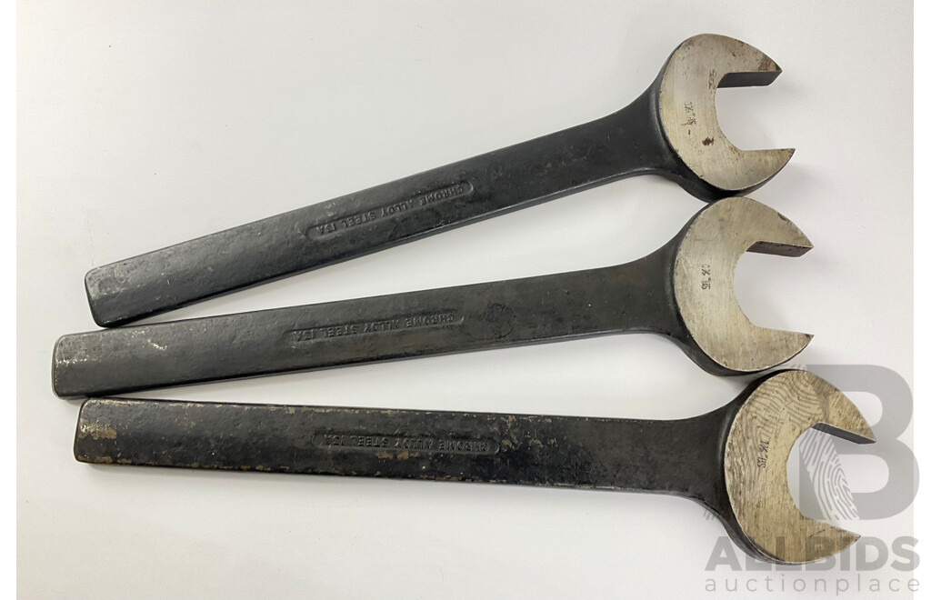 Three Large British Standard One and a Half Vintage Snail Brand Spanners, Chrome Alloy Steel, Made in England