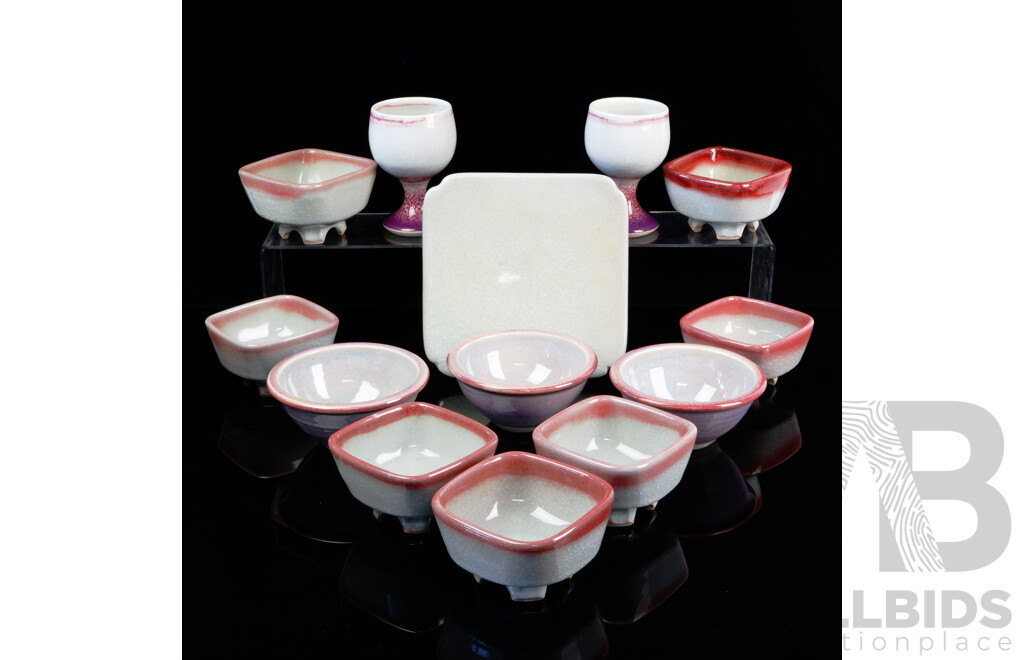 Retro Hand Made Studio Pottery Sushi Set by Fergus Stewart Comprising Square Plate, Eight Square Bowls, Three Round Bowls & Two Goblets