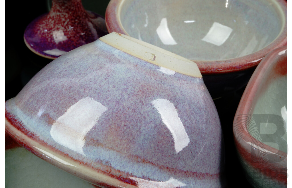 Retro Hand Made Studio Pottery Sushi Set by Fergus Stewart Comprising Square Plate, Eight Square Bowls, Three Round Bowls & Two Goblets