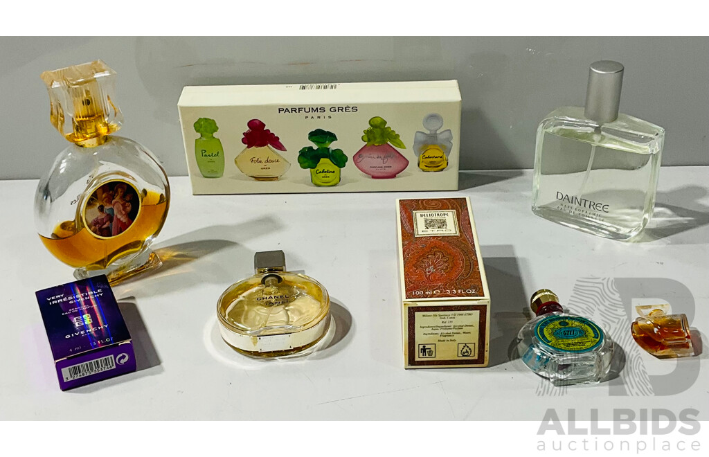 Collection French Perfume Partially Full and Empty Bottles, Some in Original Boxes