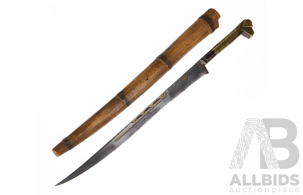 Antique Algerian Flyssa Knife with Brass Handle, Engraved Blade and Wooden Scabbard From the Kabyle Iflissen Lebhar Tribal Confederacy