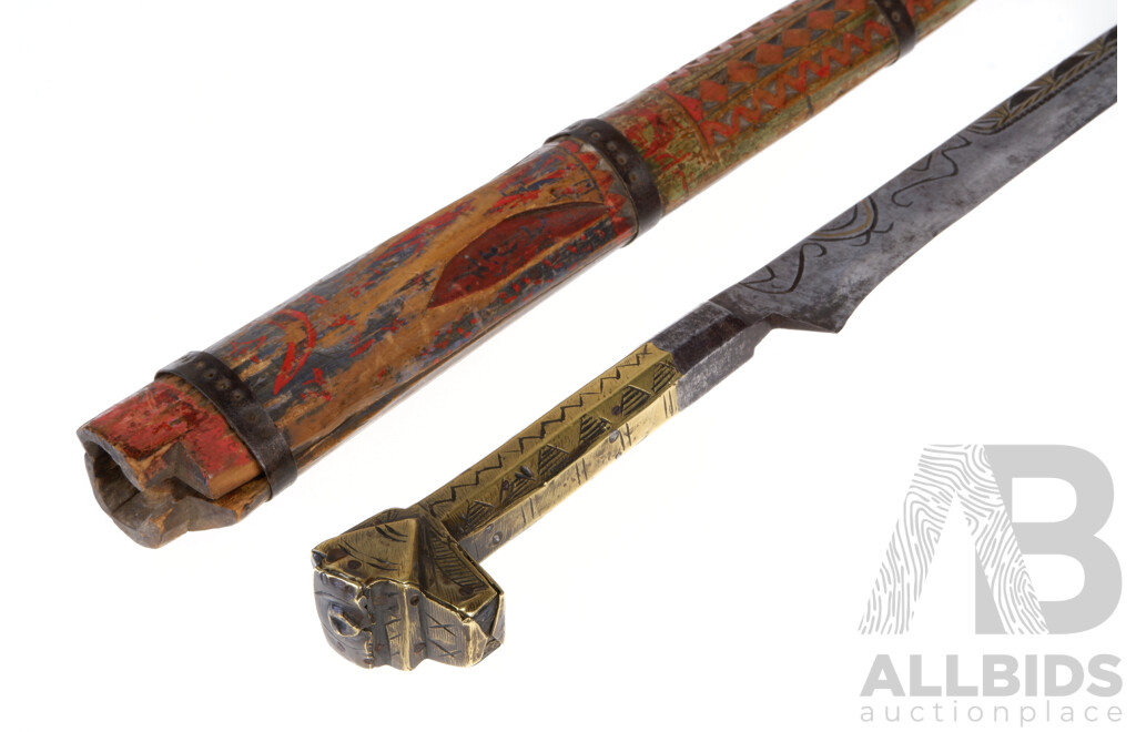 Antique Algerian Flyssa Knife with Brass Handle, Engraved Blade and Wooden Scabbard From the Kabyle Iflissen Lebhar Tribal Confederacy