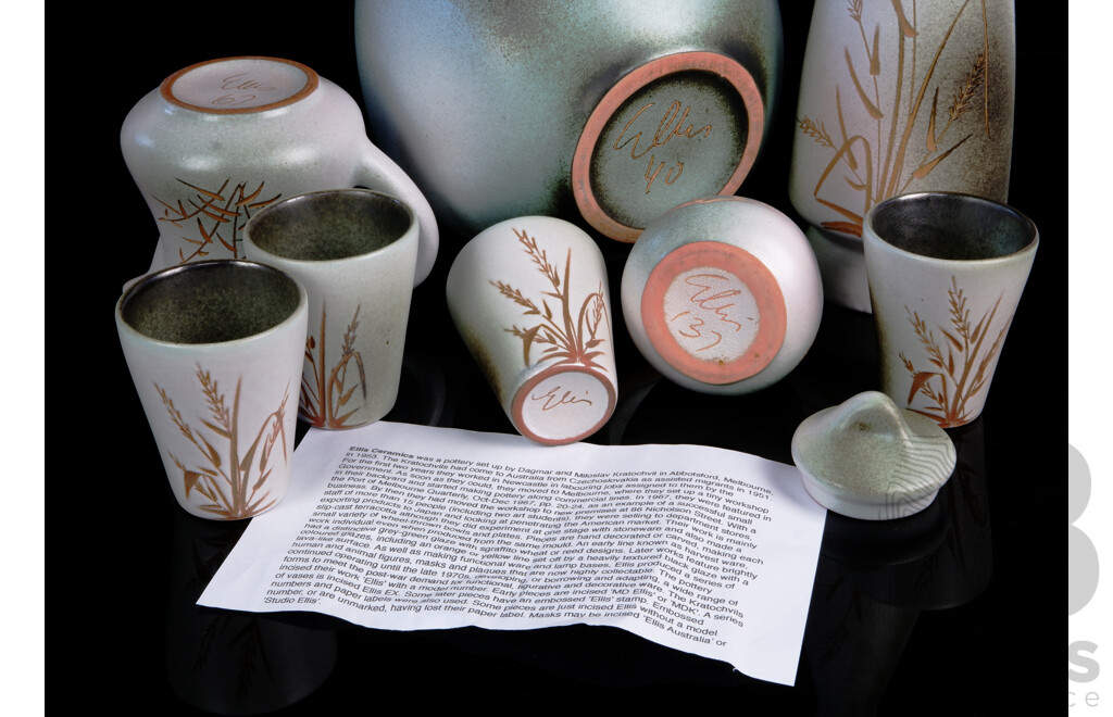 Vintage Australian Hand Made Ellis Studio Pottery Collection Comprising Vase, Biscuit Barrel, Four Beakers, Jug, Lidded Sugar Dish in Harvest Pattern