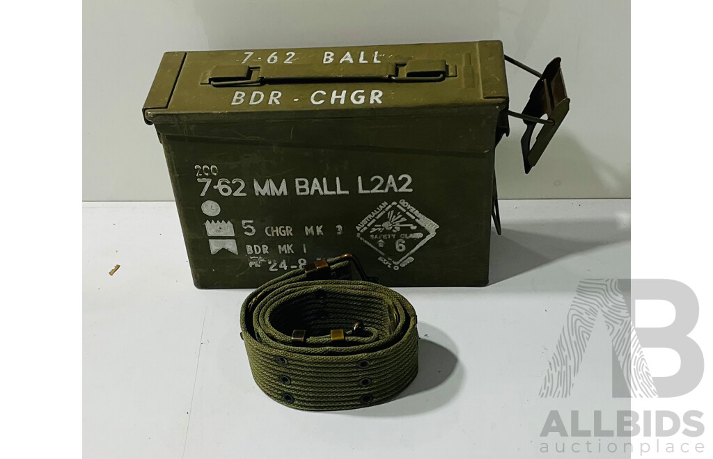 Australian Military 7.62 Mm Ball Ammunition Tin with Army Belt