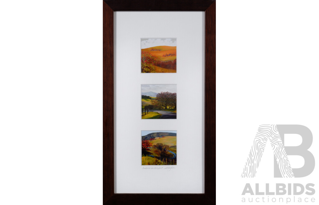 Stephnie McLaughlin, (20th Century, Australian), Jamberoo Landcapes II, Trio of Miniature High Quality Prints of the Original Acrylics in One Frame, 35.5 x 19.5 cm (frame)