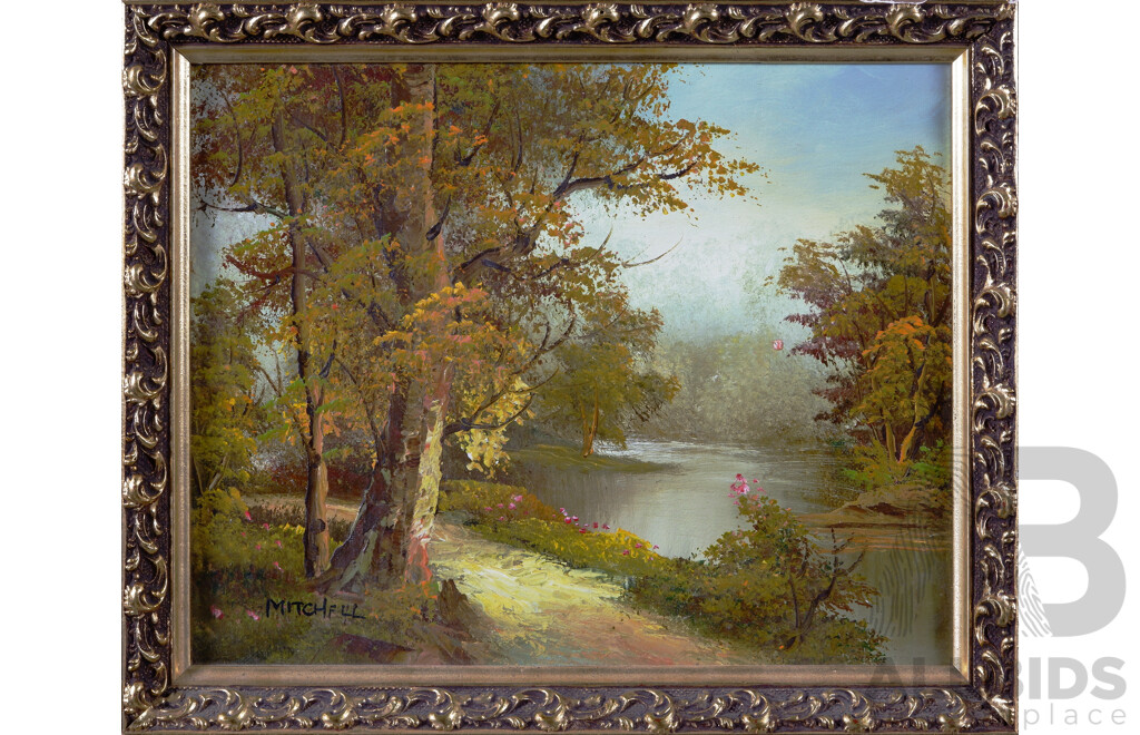 Frank Mitchell, (20th Century, Australian, 1937-), Still River on an Autumn Day, Original Oil on Canvas, 23.5 x 28 cm (frame)