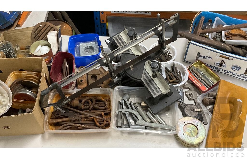 Bulk Lot of Vintage Tools and Fittings Including Swivel Hand Saw, Allan Keys, Drill Bits, Shackles, Stanley Chalk-O-Matic Pulleys, Sprockets, Rivets and More