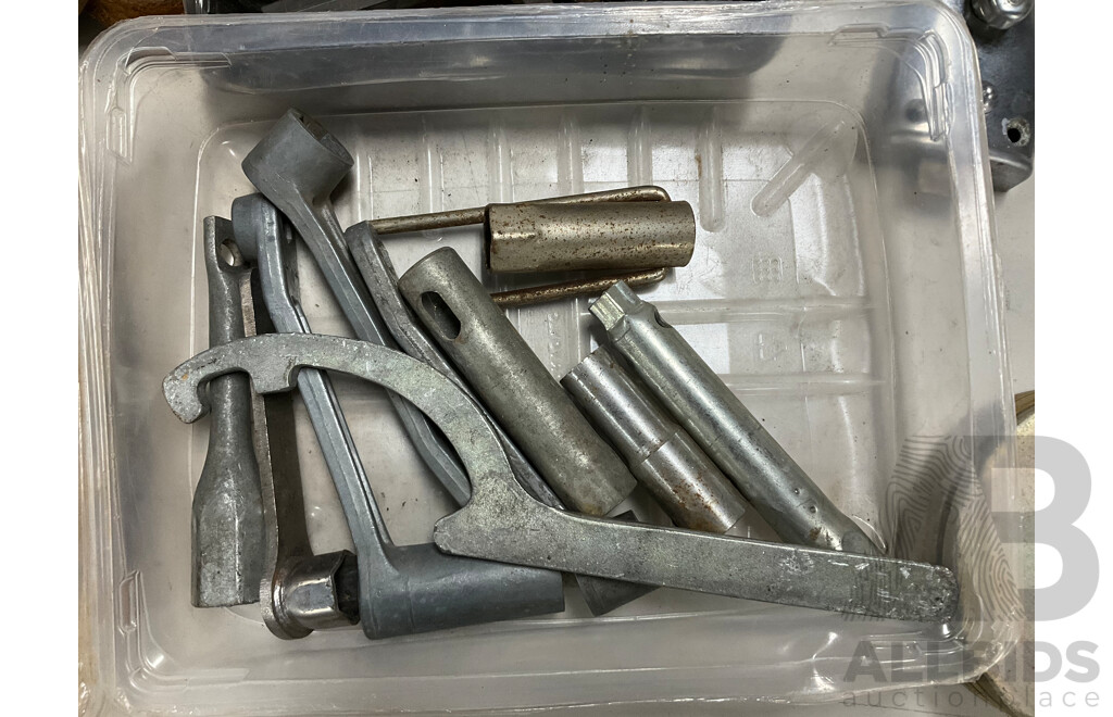 Bulk Lot of Vintage Tools and Fittings Including Swivel Hand Saw, Allan Keys, Drill Bits, Shackles, Stanley Chalk-O-Matic Pulleys, Sprockets, Rivets and More