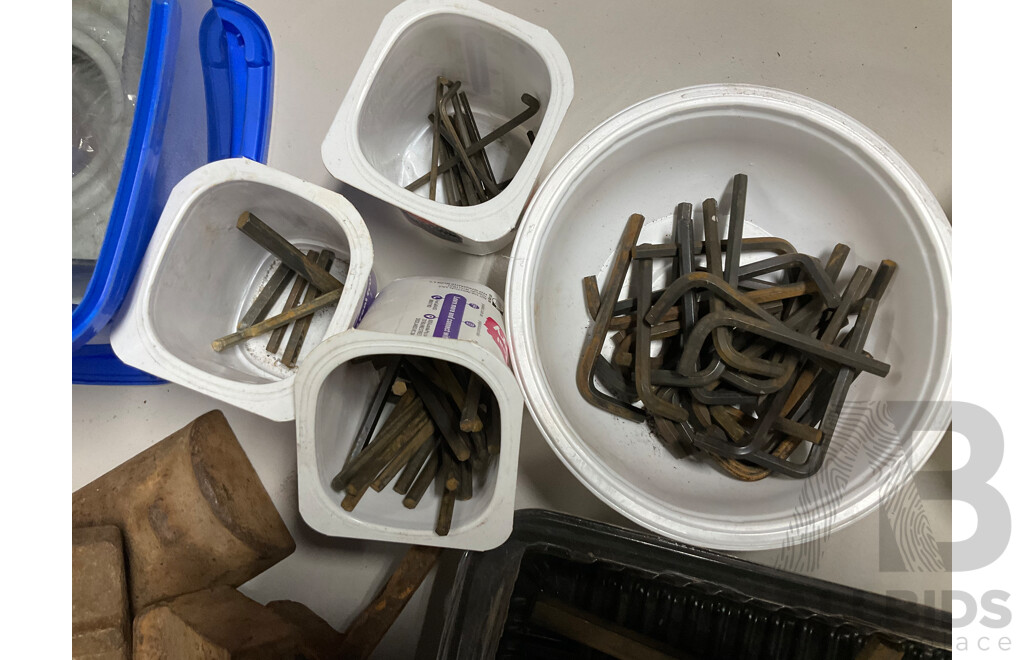 Bulk Lot of Vintage Tools and Fittings Including Swivel Hand Saw, Allan Keys, Drill Bits, Shackles, Stanley Chalk-O-Matic Pulleys, Sprockets, Rivets and More