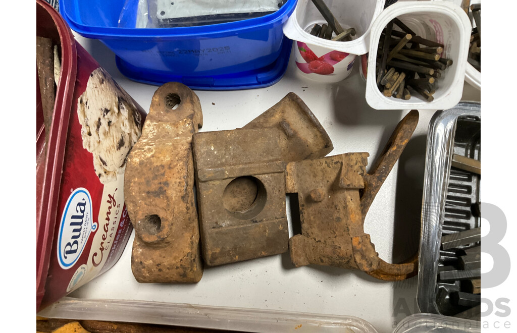 Bulk Lot of Vintage Tools and Fittings Including Swivel Hand Saw, Allan Keys, Drill Bits, Shackles, Stanley Chalk-O-Matic Pulleys, Sprockets, Rivets and More